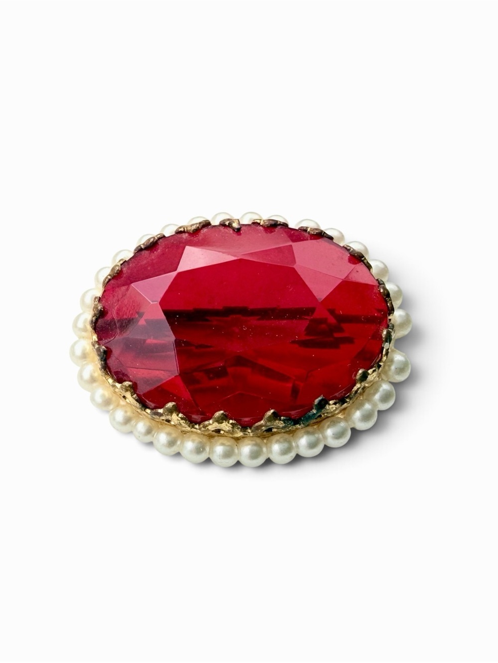 Vintage West Germany Red Faceted Garnet Glass Cabochon Brooch with Pearls